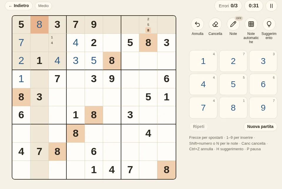 La schermata di gioco: difficoltà, errori e tempo in alto, la griglia al centro, la barra degli strumenti e il tastierino accanto (sotto, sul telefono).