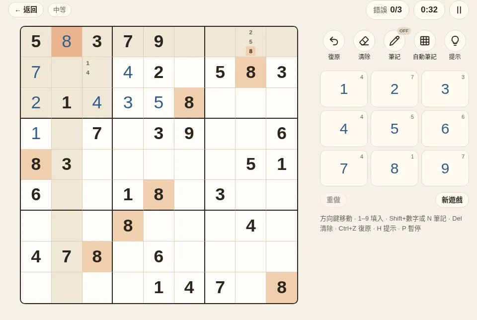 遊戲畫面:上方是難度、錯誤次數和時間,中間是盤面,旁邊是工具列與數字鍵盤(手機上在盤面下方)。